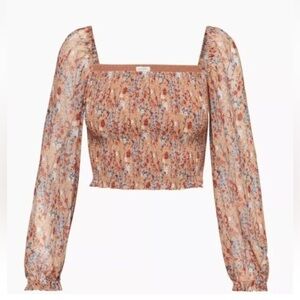Aritzia Wilfred Floral Smocked Puff Sleeve Blouse XS Cottagecore Romantic Top